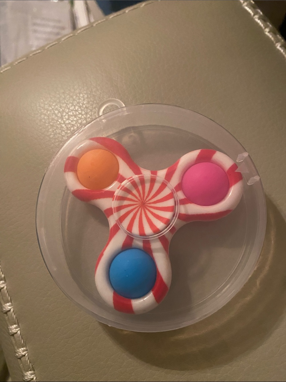 Kids Triple-Button Pop Spinner Toy - Red & White with Orange, Pink, Blue Buttons